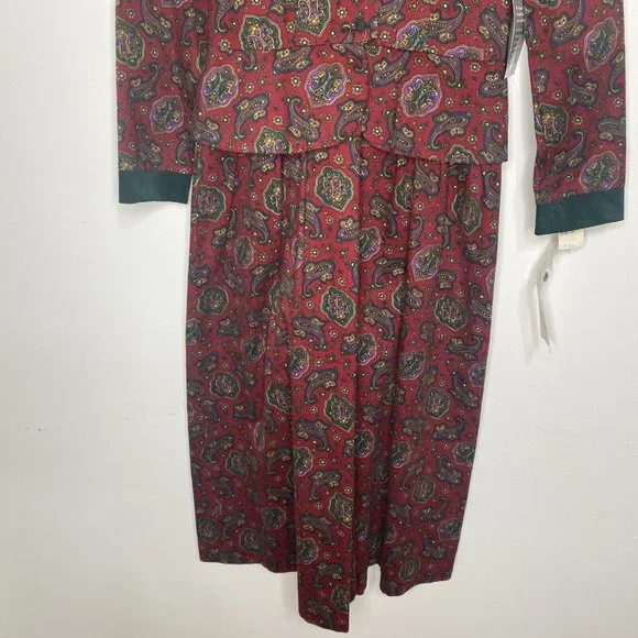 Vintage 80s Lanz Original Dress Paisley Maroon Green Midi Peplum New Sz 8 Cotton